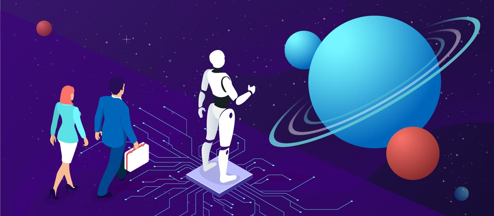 An android standing on a microchip and two people walking toward a blue planet in space