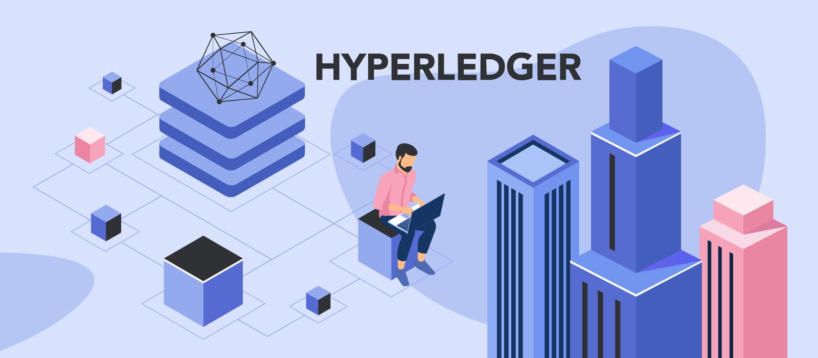 A person working on a laptop next to skyscrapers and Hyperledger logo