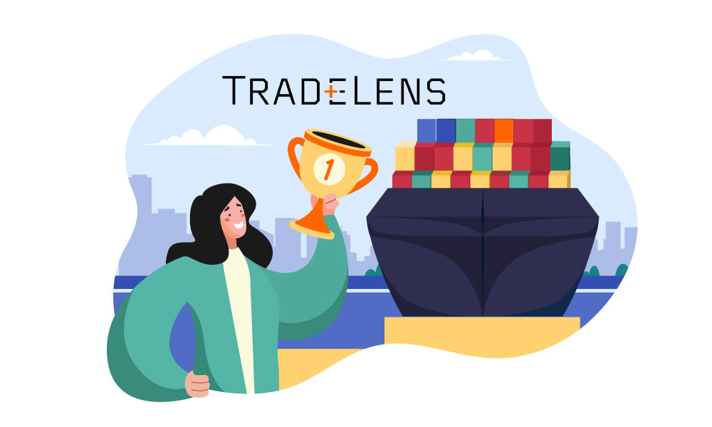 A person with a golden trophy next to a cargo ship and TradeLens logo