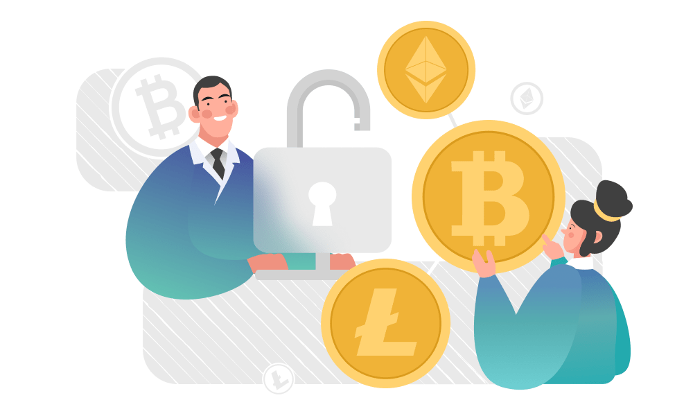 People holding a padlock next to Ethereum, Bitcoin, and Litecoin tokens