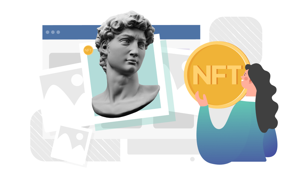 A person holding an NFT token next to a bust