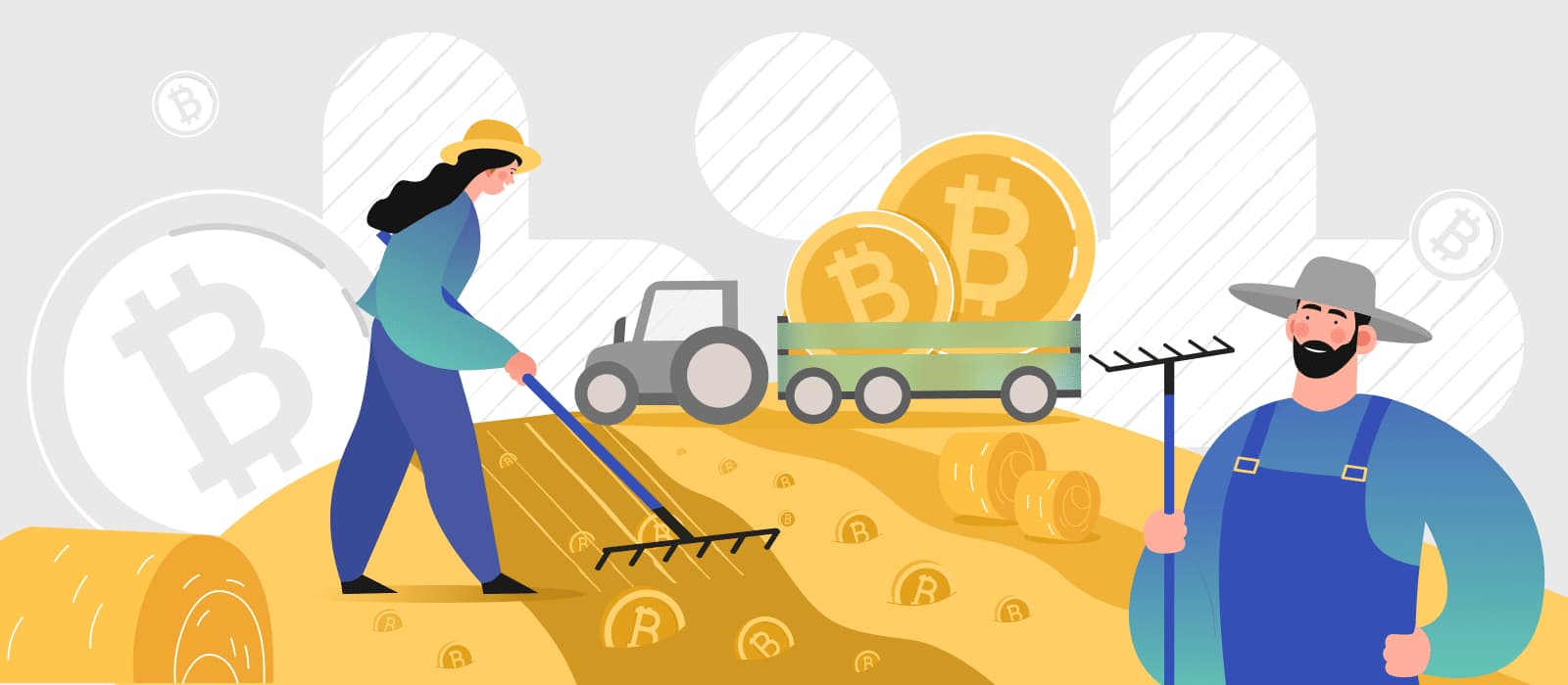 Two people harvesting bitcoin tokens in the field