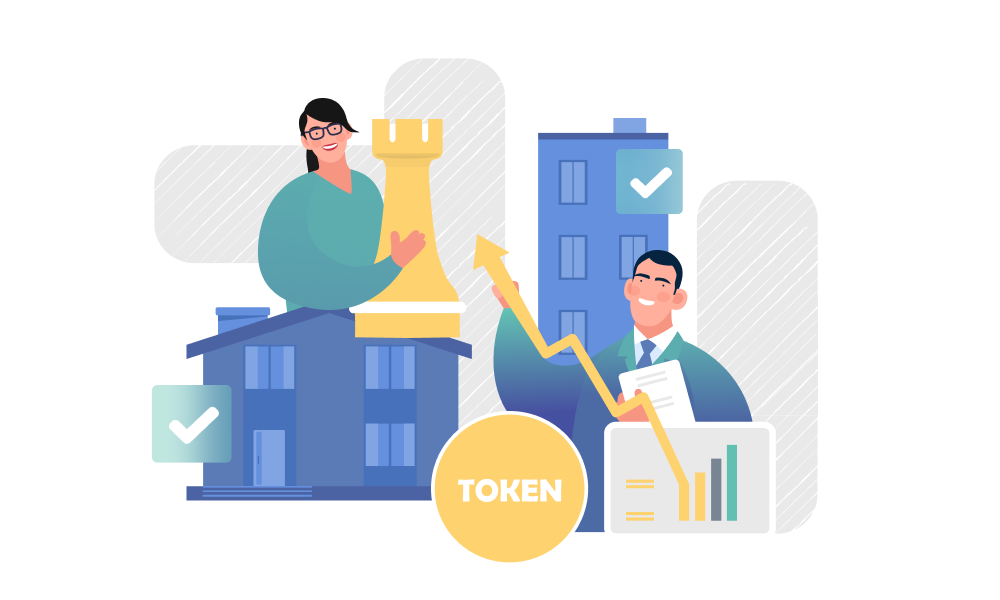 Two people demonstrating token growth on buildings background