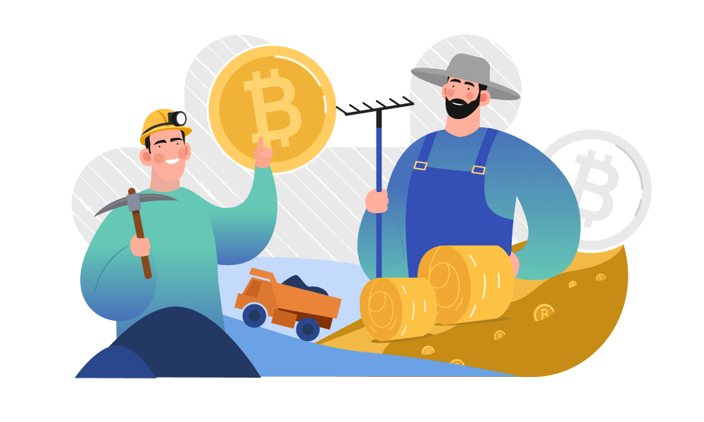 A miner and a farmer are pointing to a bitcoin