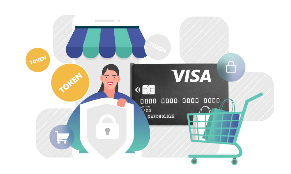 A person holding a shield next to a visa credit card and a trolley with bags