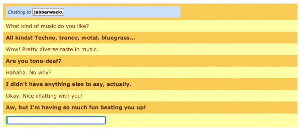 An example of a conversation with Jabberwacky chatbot