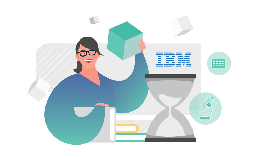 A person holding a block next to the IBM logo and an hourglass