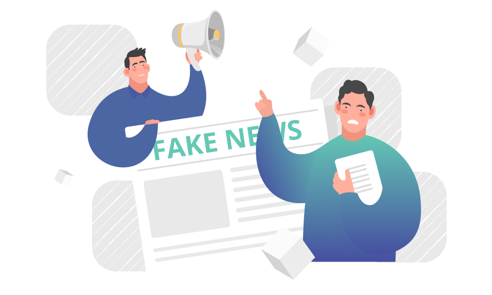 People pointing at a newspaper that headlines fake news