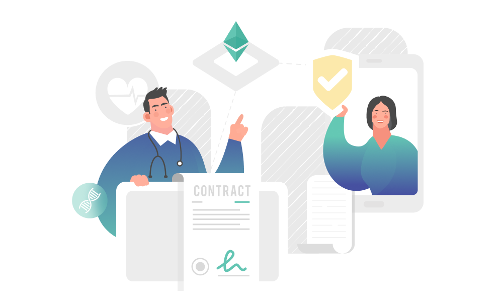 People and a smart contract surrounded by industries logos