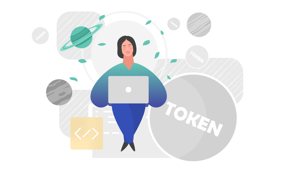 A person surrounded by tokens and planets working on a laptop