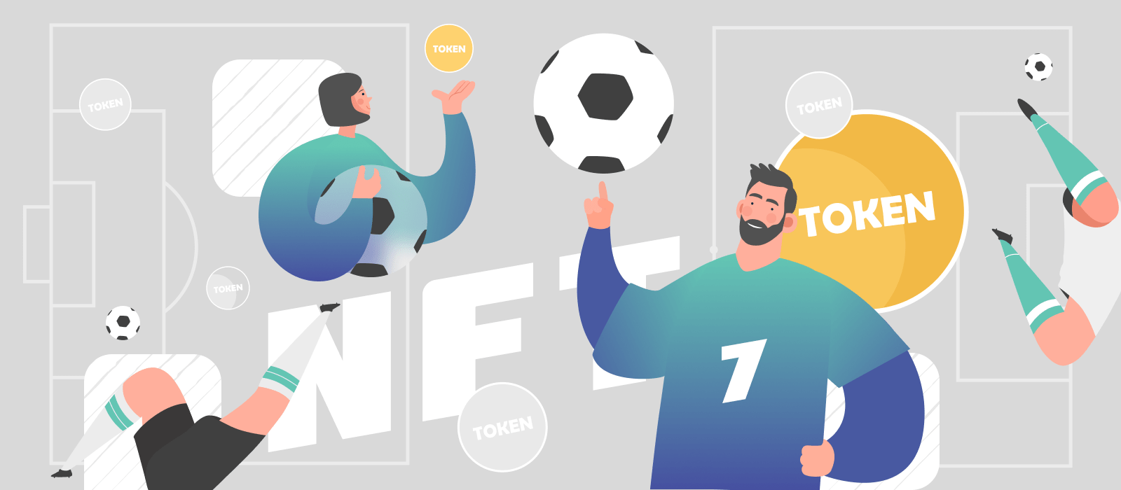 Soccer players next to NFT and tokens