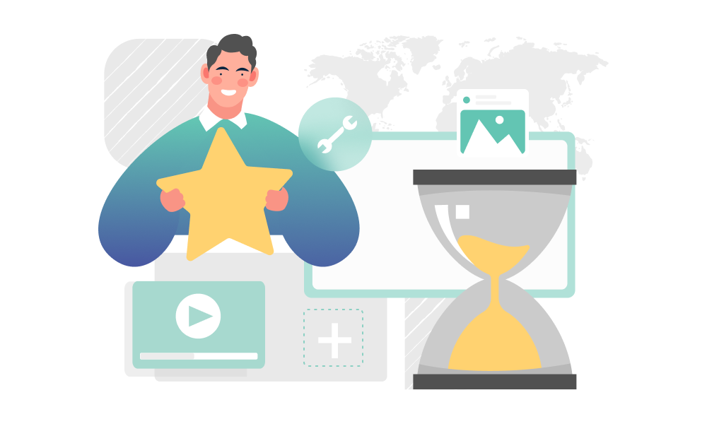 A person holding a rating star next to an hourglass