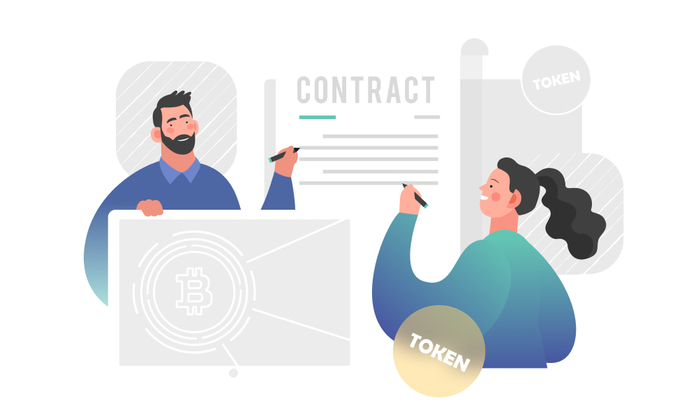 Two people signing a contract next to tokens