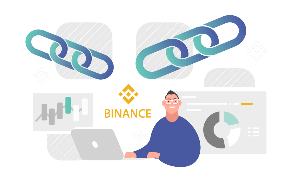 A person operating a laptop next to chains and the Binance logo