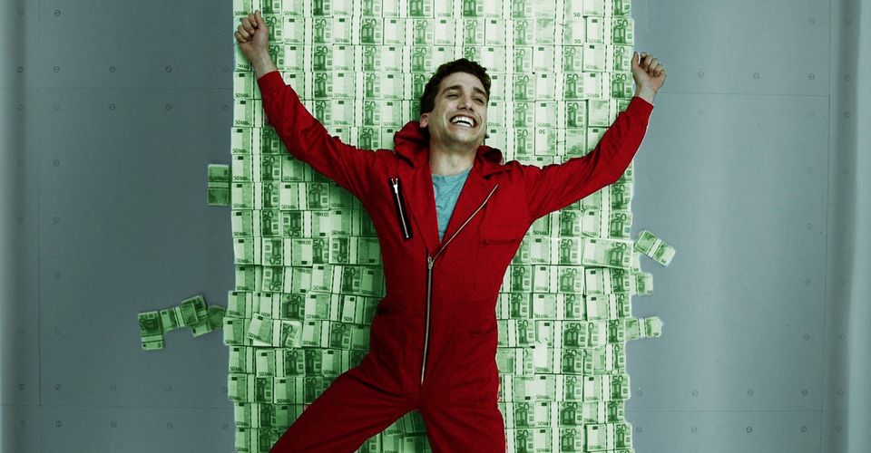 A person from Money Heist lying on a pile of money