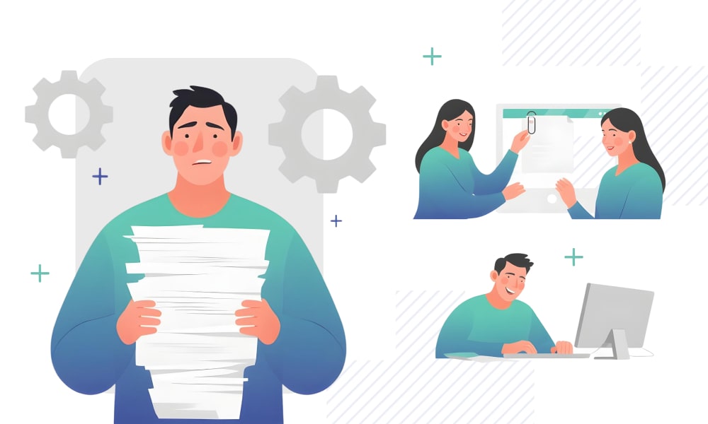 A dissatisfied person with a pile of paper documents and happy people utilize DMSs