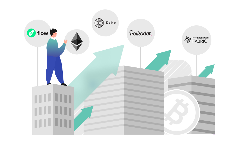 A person standing on the building and observing the growth of major blockchain platforms