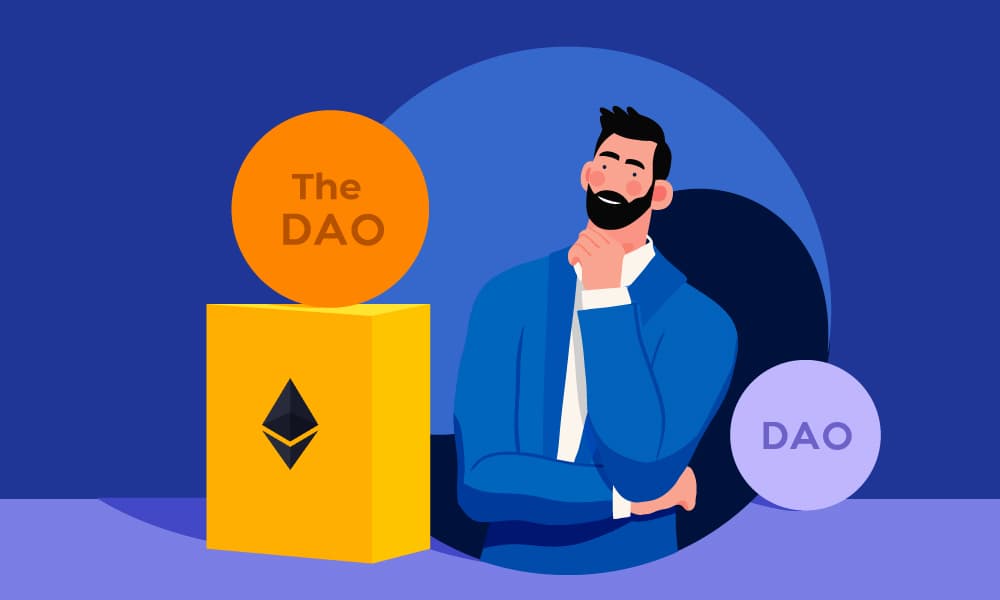 A person looking at The DAO artifact placed on an Ethereum package