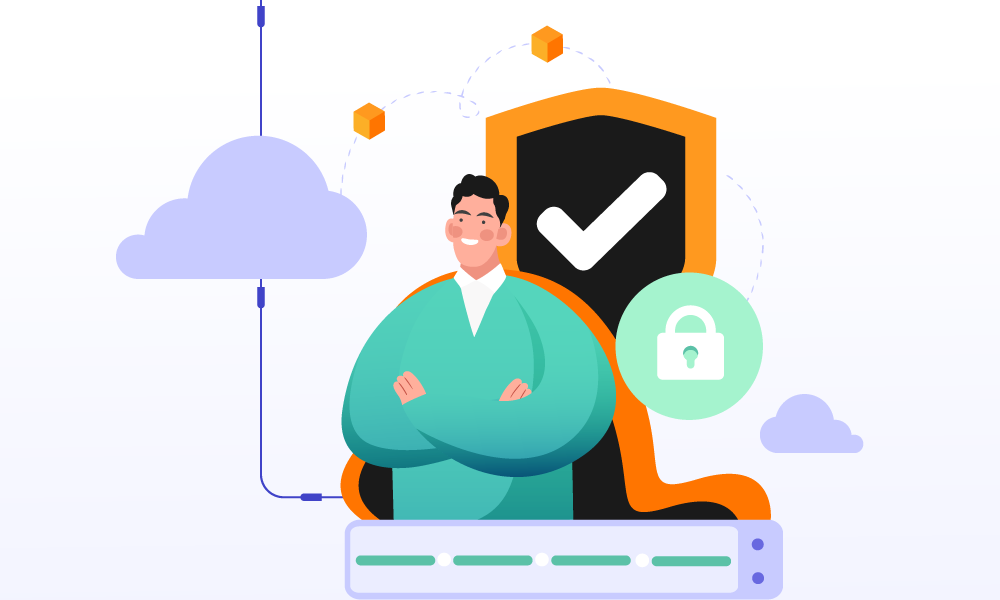 A person and a shield securing cloud storage