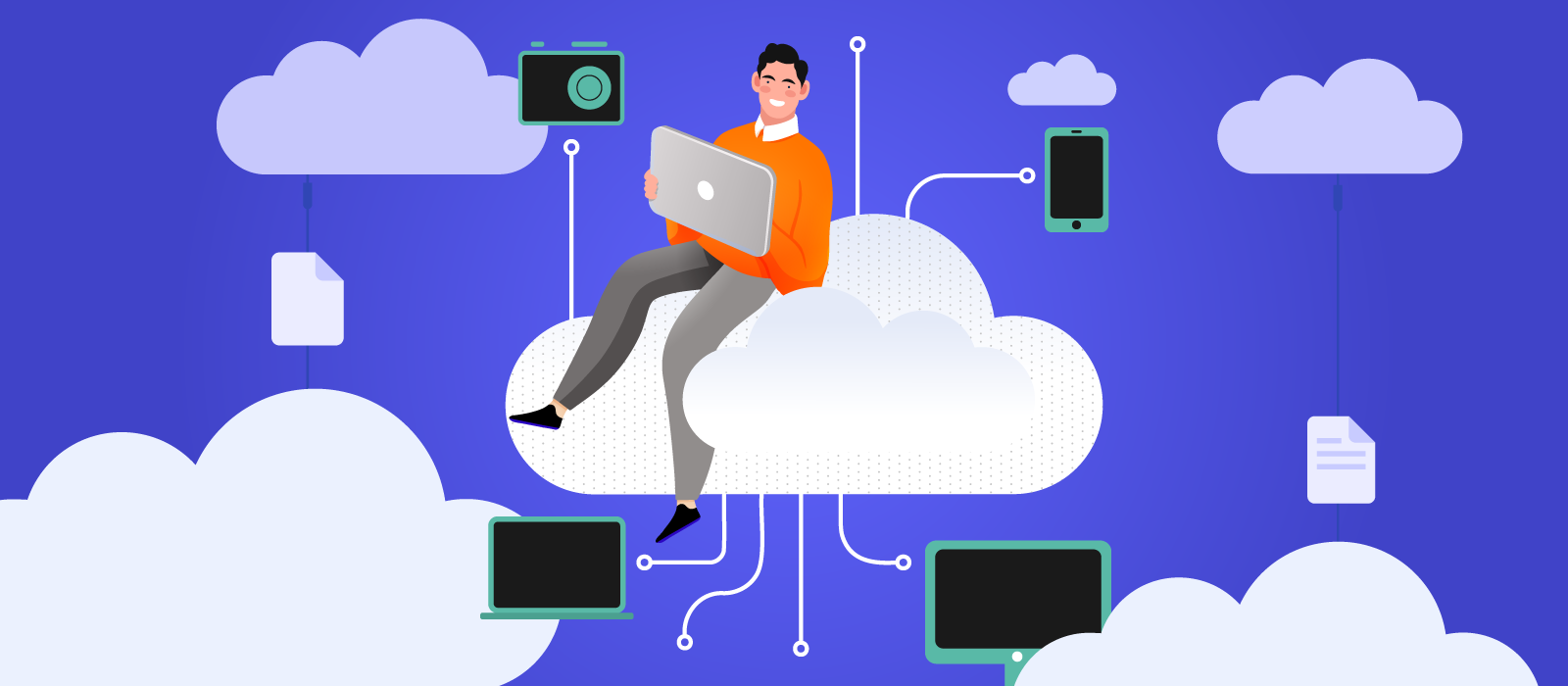A person using cloud storage sitting on a cloud