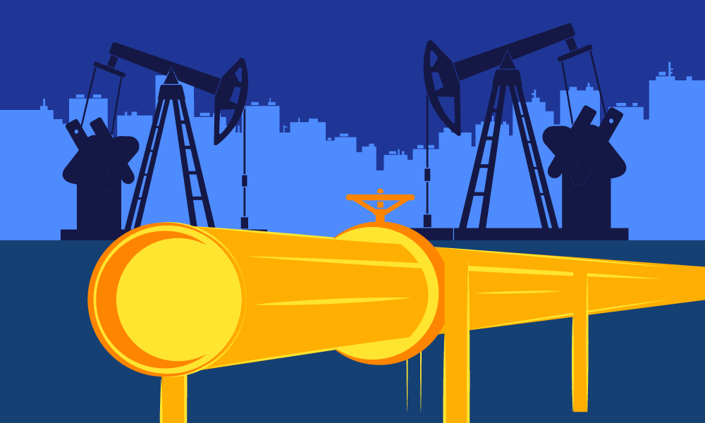 A golden pipe going through pumpjacks