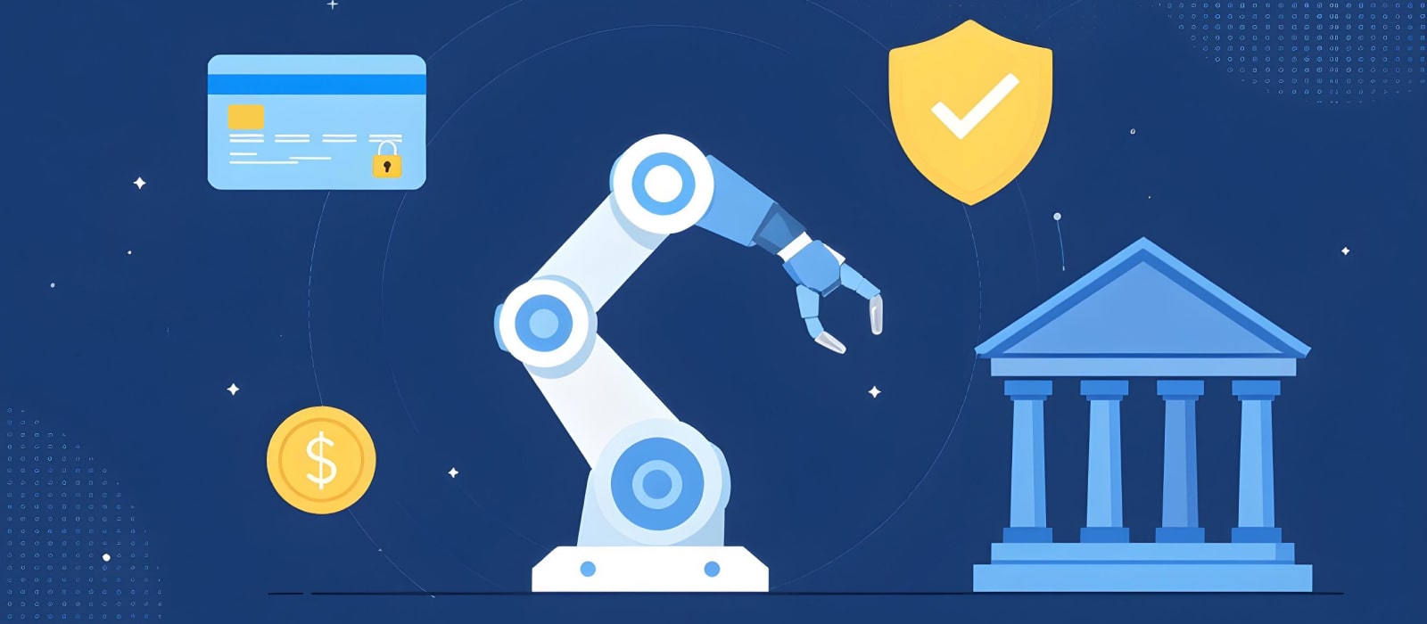 An android's hand holds a credit card next to banking symbols
