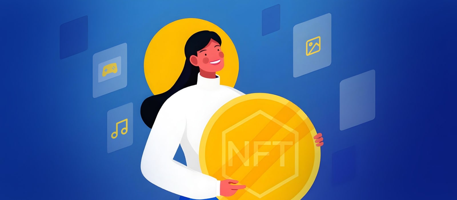 A person holding an NFT next to PixelPlex logo