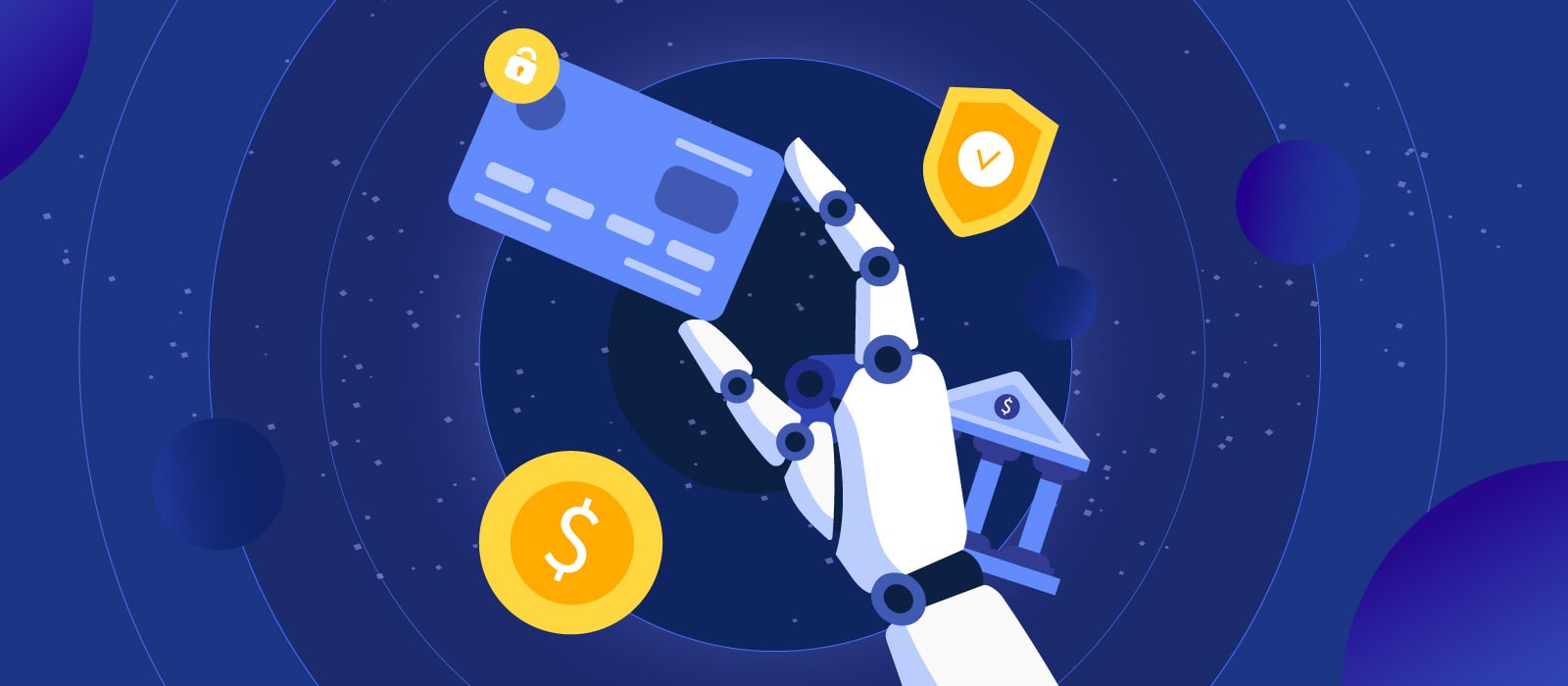 An android's hand holds a credit card next to banking symbols