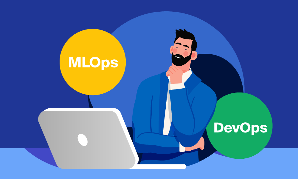 A person working on a laptop next to MLOps and DevOps signs