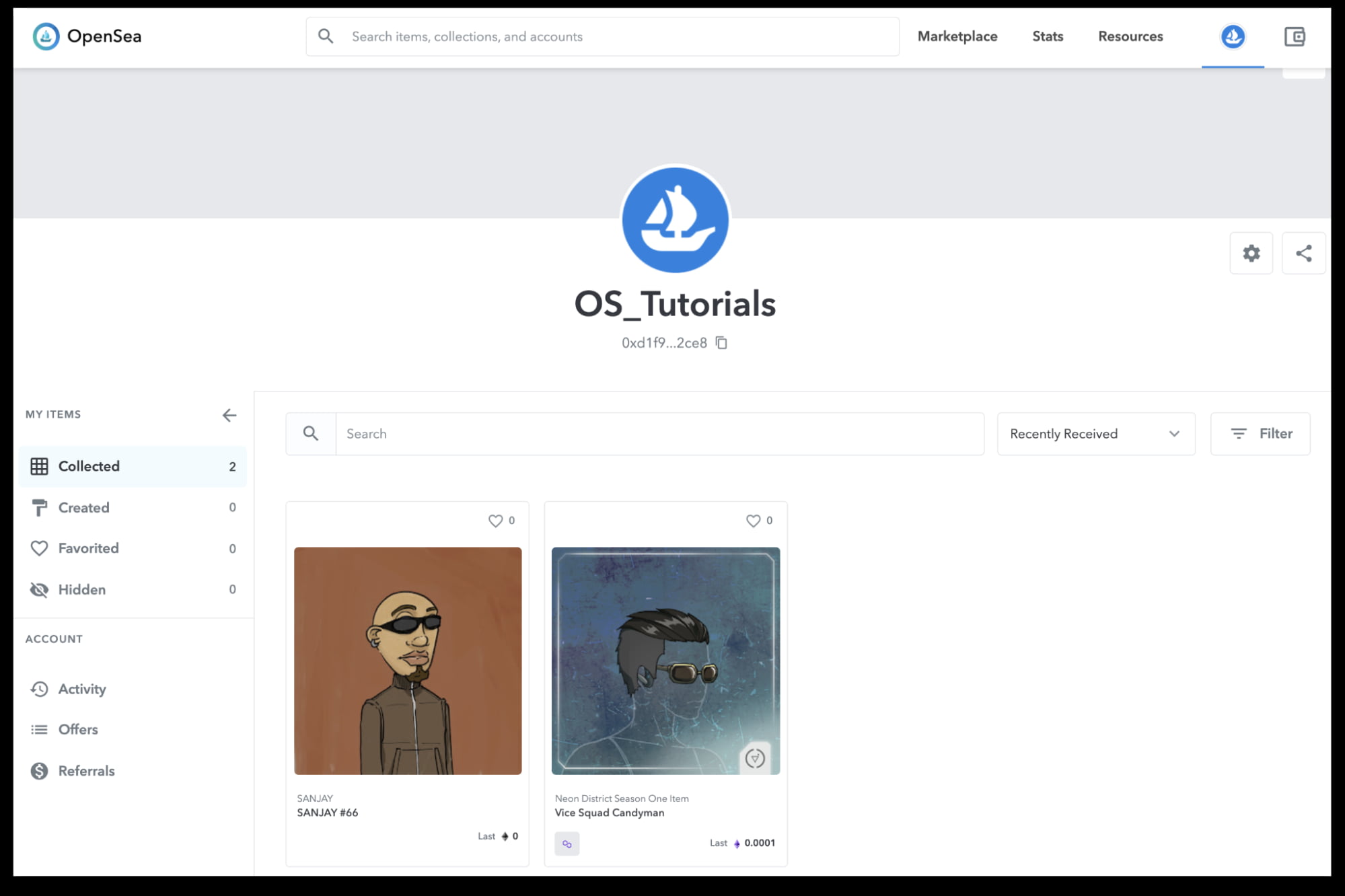 The UI of My Collections tab on OpenSea website