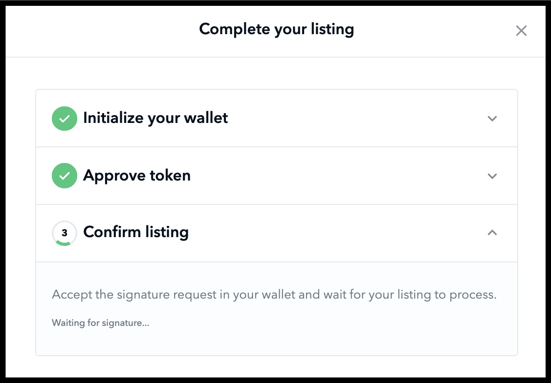 The UI of Complete your listing tab on OpenSea website