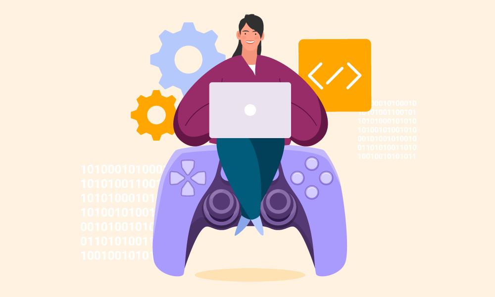 A person writing code sitting on a gamepad