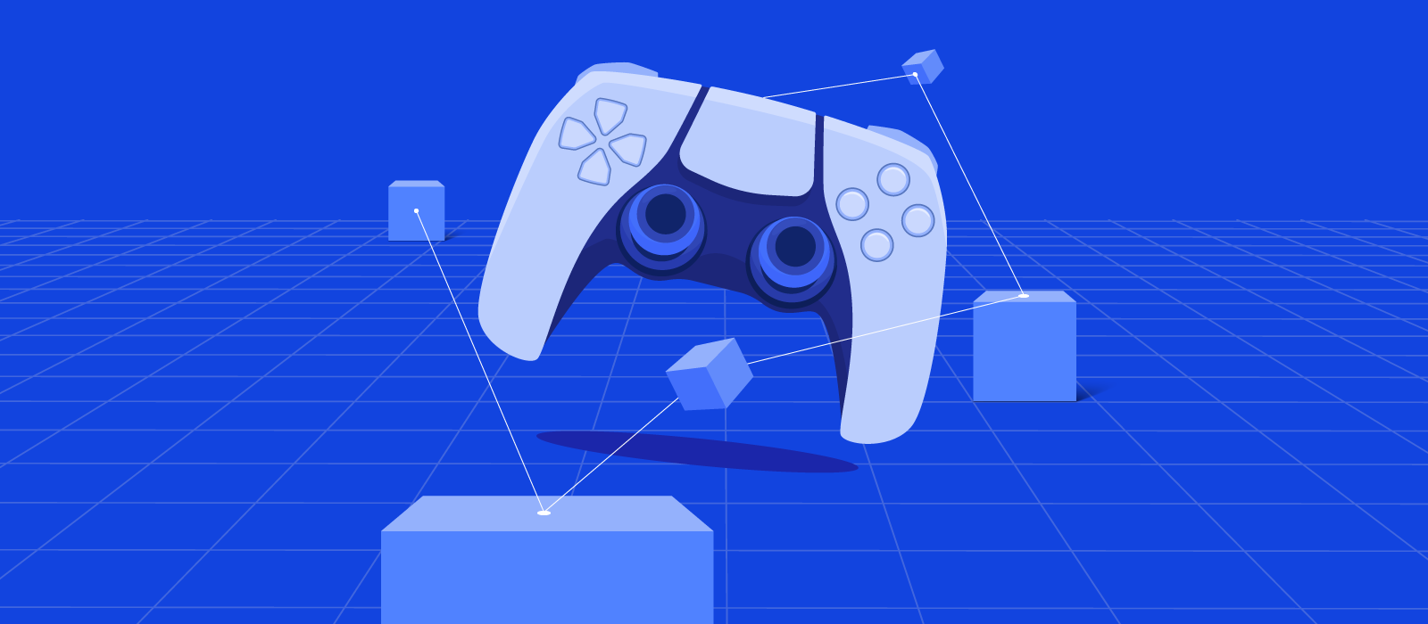 A gamepad surrounded by blue cubes symbolizing blockchain