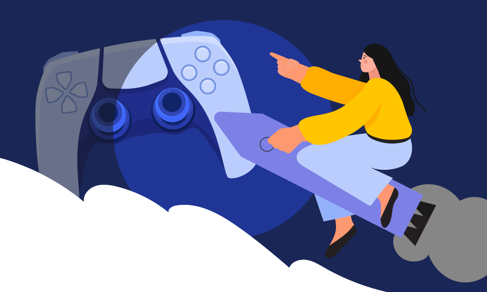 A person on a space rocket flying to a gamepad