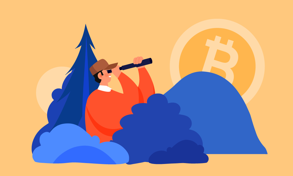 A person with a spotting scope in bushes hunting for Bitcoin