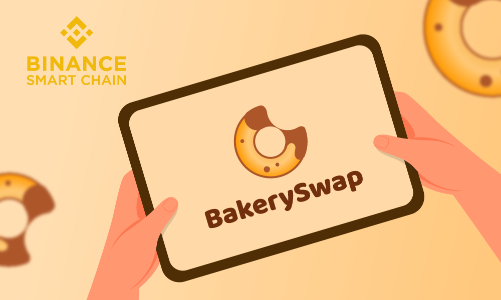 Binance Smart Chain logo in the left corner and hands holding a laptop on which there is a picture of a donut and inscription BakerySwap