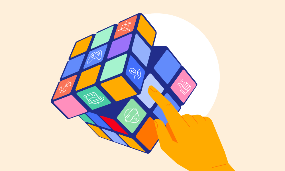 A person touching the Rubik's Cube which has the development related icons on its faces