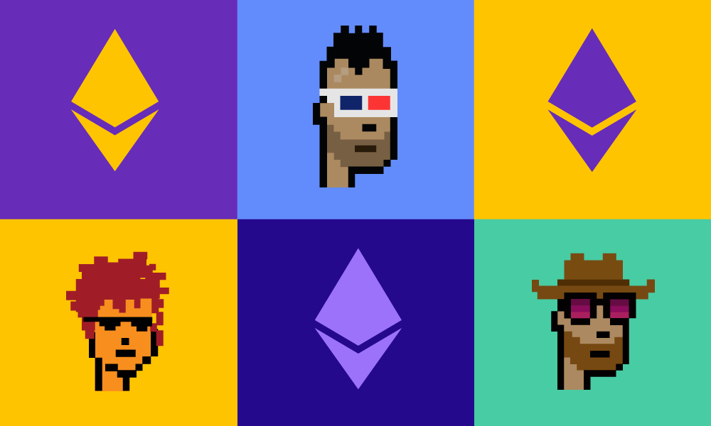 Six different squares with three of them displaying Ethereum logo and the other three displaying the CryptoPunks pixelated avatars