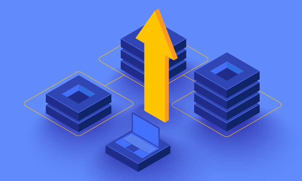 Three interdependent blocks and an upward yellow arrow