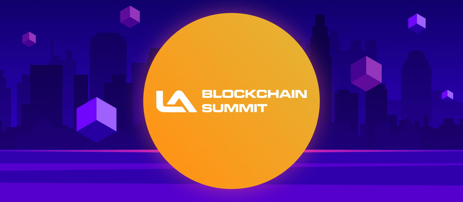 The logo of LA Blockchain Summit on a city background