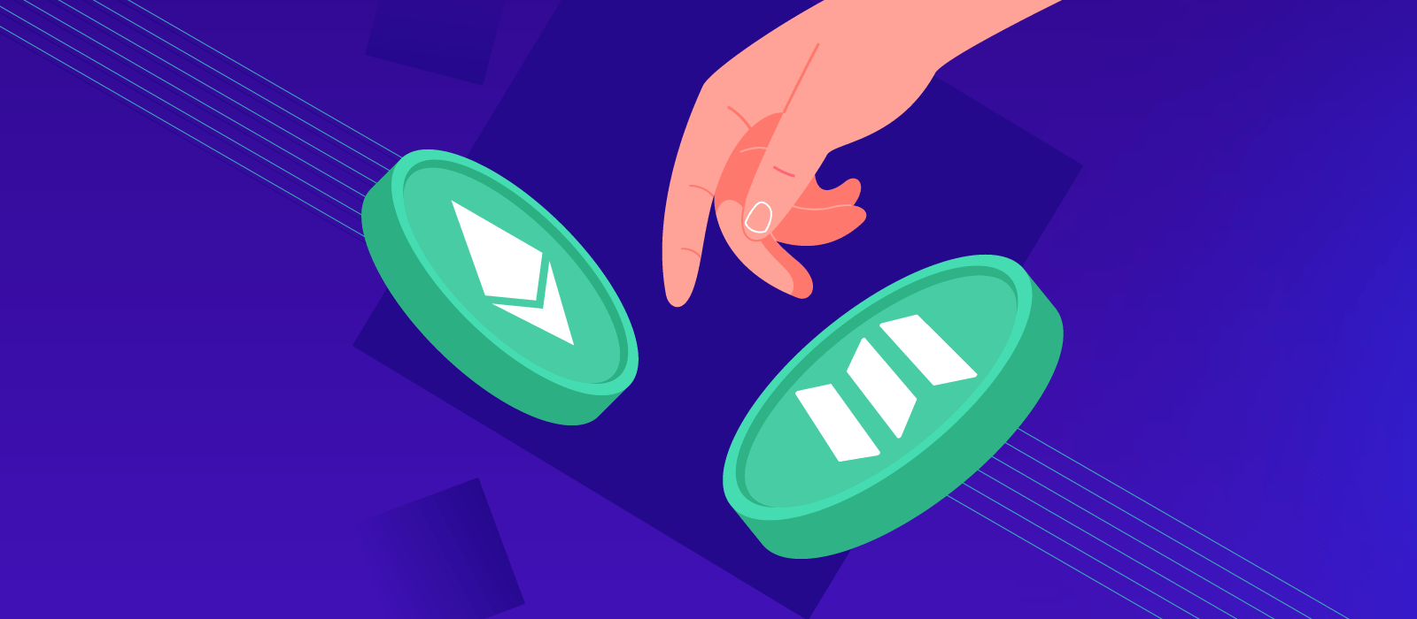 A human hand touching Ethereum and Solana tokens