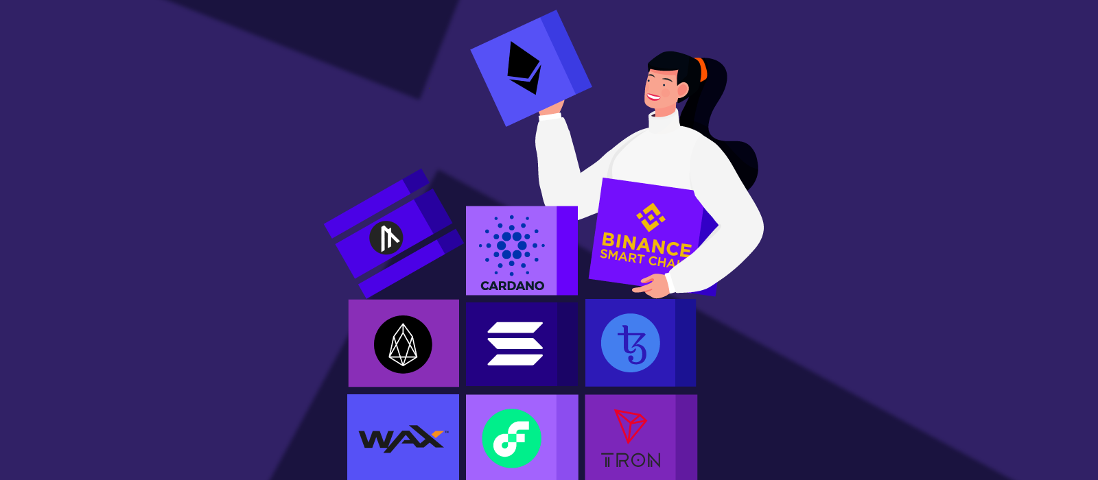 Ten boxes with logos of Ethereum, Flow, Binance Smart Chain, Cardano, Solana, EOS, WAX, Algorand, Tezos, and Iron and a person holding the boxes with Ethereum and Binance Smart Chain logos