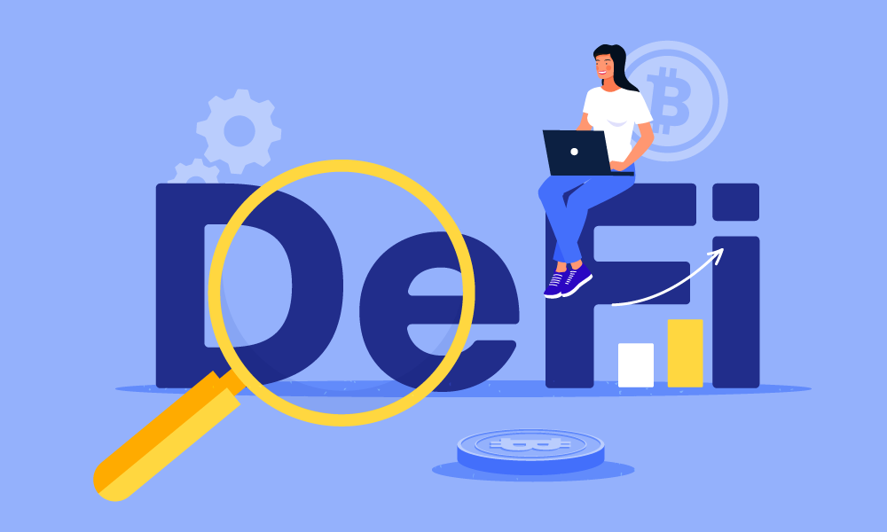 A person sitting on a DeFi sign examines benefits of DeFi