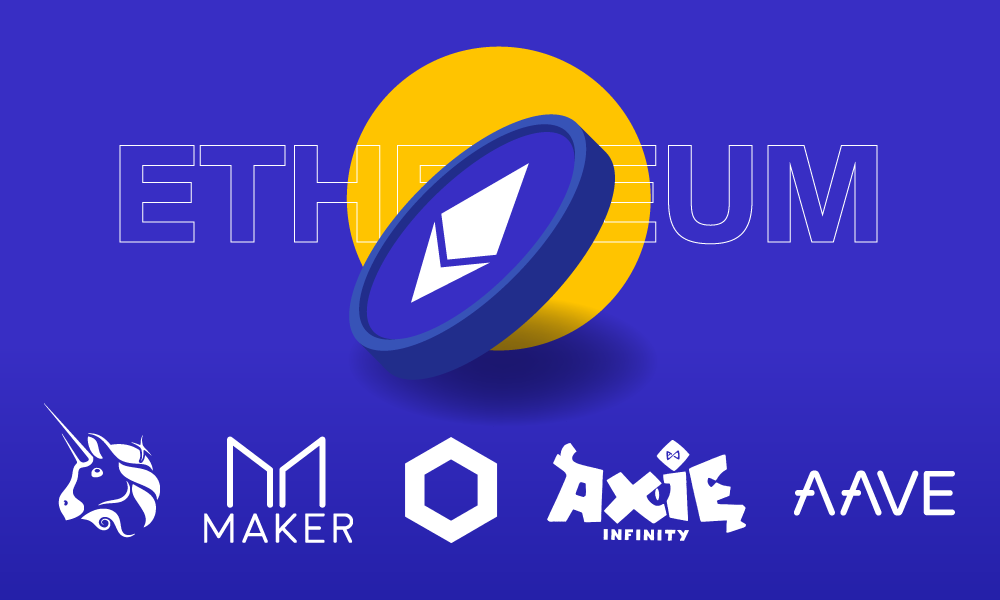 Token with Ethereum logo and logos of 5 projects based on Ethereum, including Uniswap, Chainlink, MakerDao, Axie Infinity, Aave