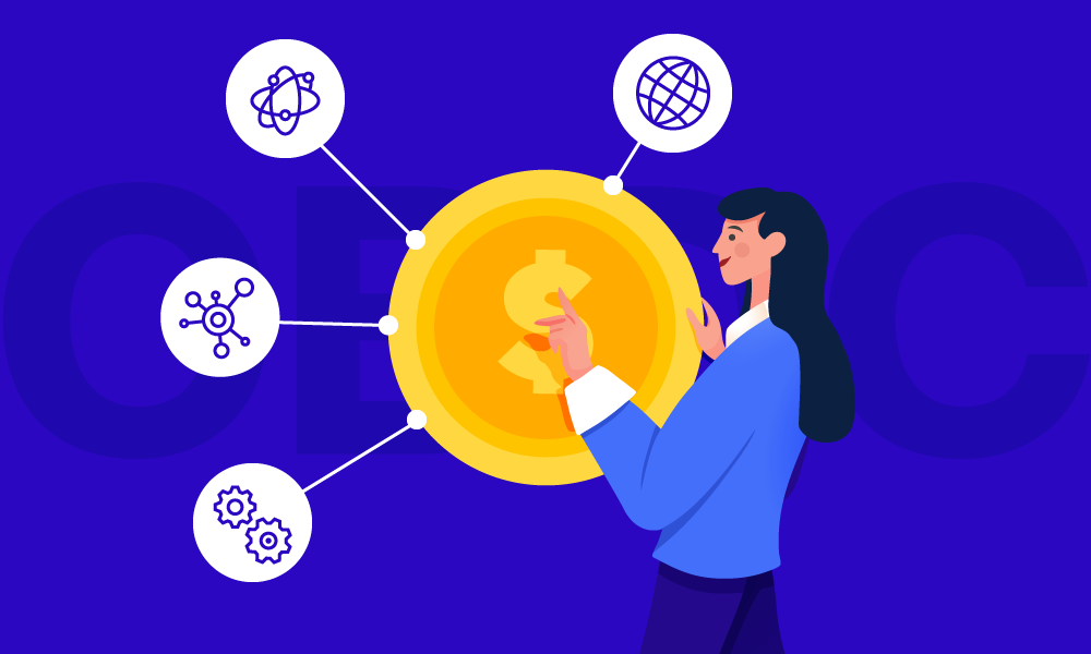 A person pointing at a large token with a dollar sign, and near it there are icons with the symbols of availability, interoperability, convertibility, and resilience