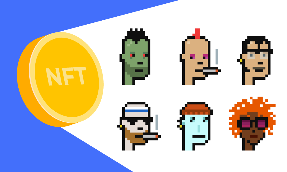 An NFT coin and six different CryptoPunks avatars near it