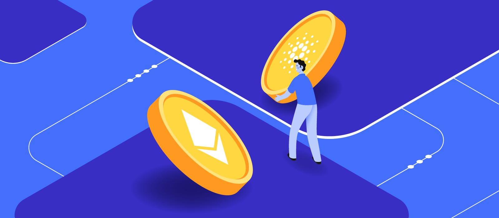 Two large tokens, one of which with a Cardano logo and another one with Ethereum logo and a person holding the token with Cardano logo