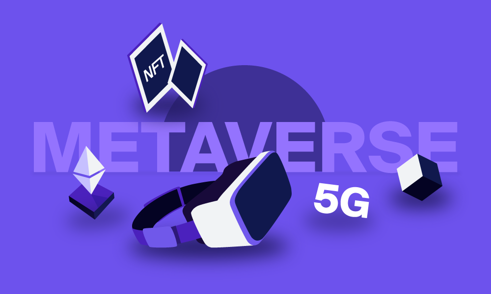 The word metaverse and NFT, Ethereum logo, VR glasses, 5g around it