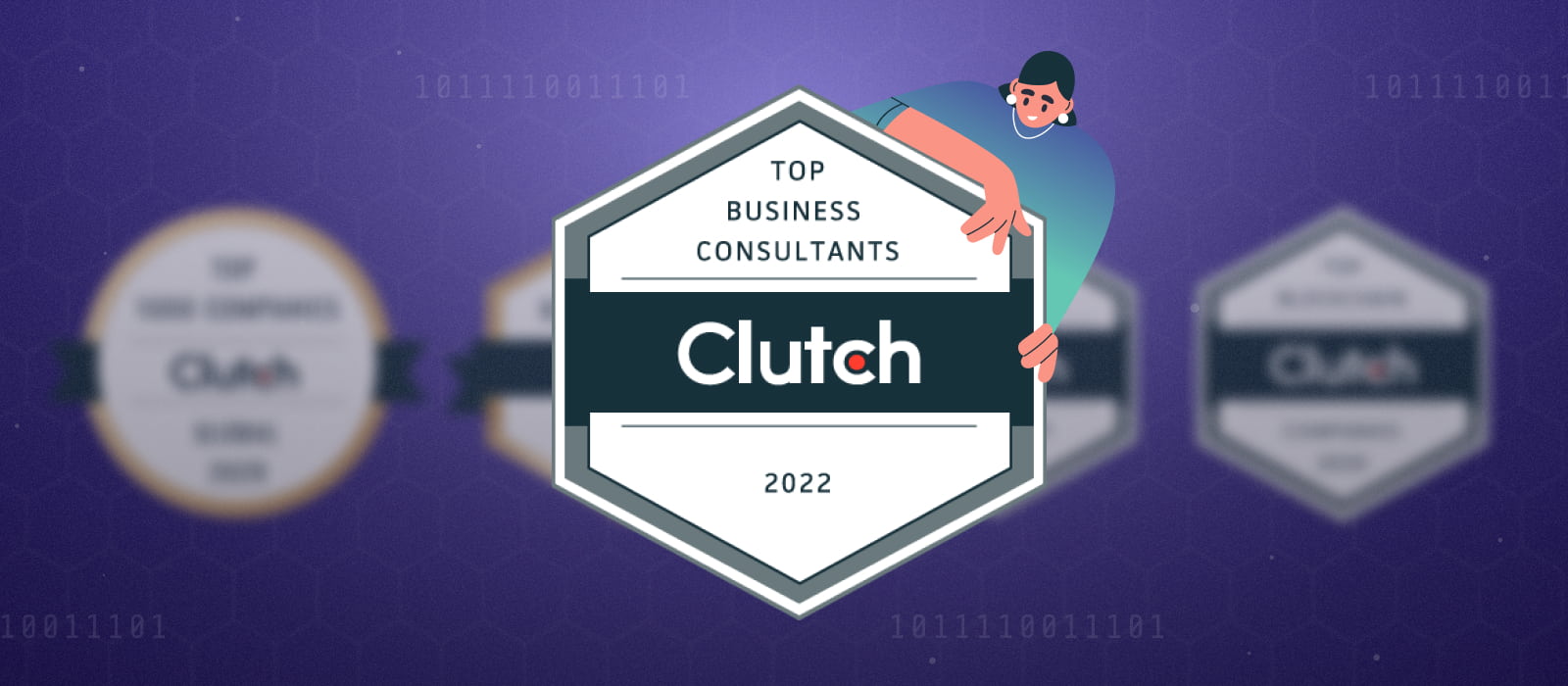 A person holds a badge of top business consultants 2022 according to Clutch