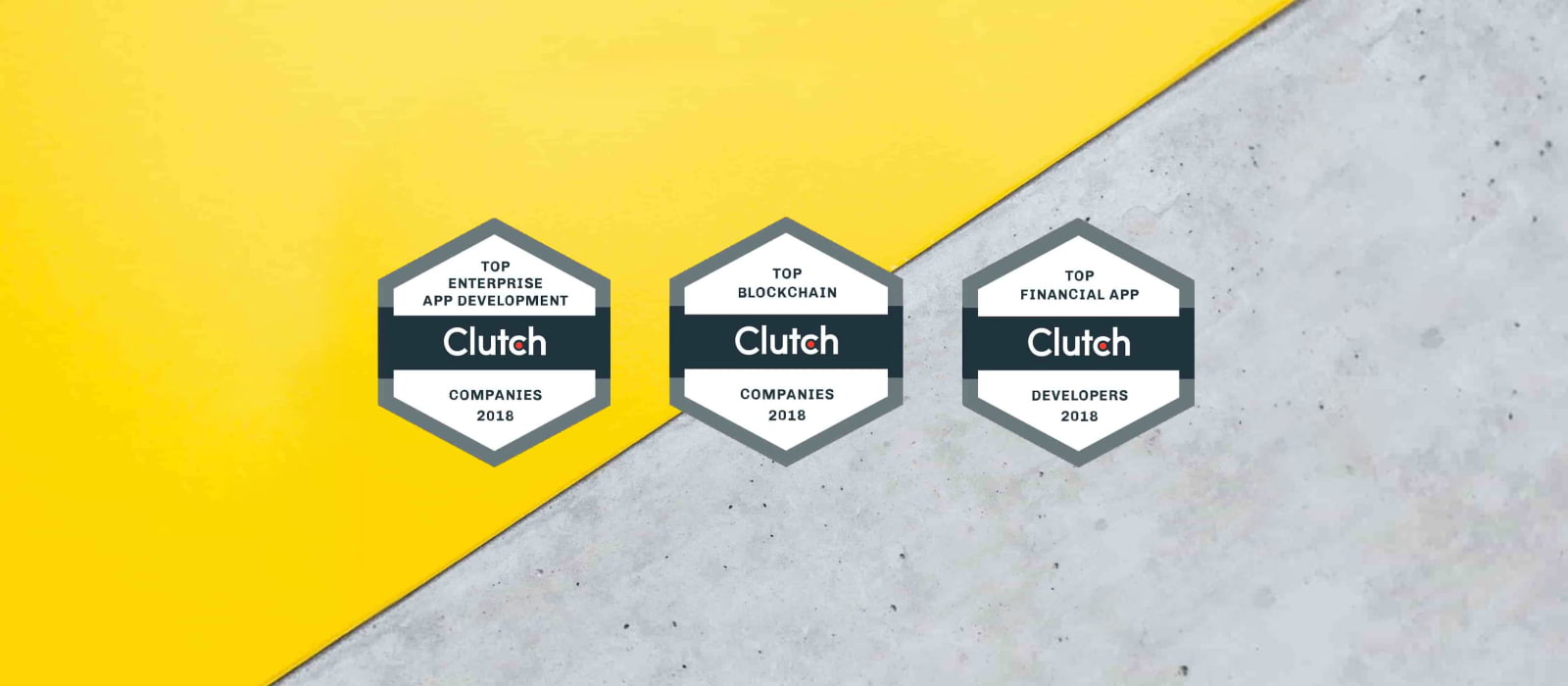 Three Clutch badges on a yellow and grey background